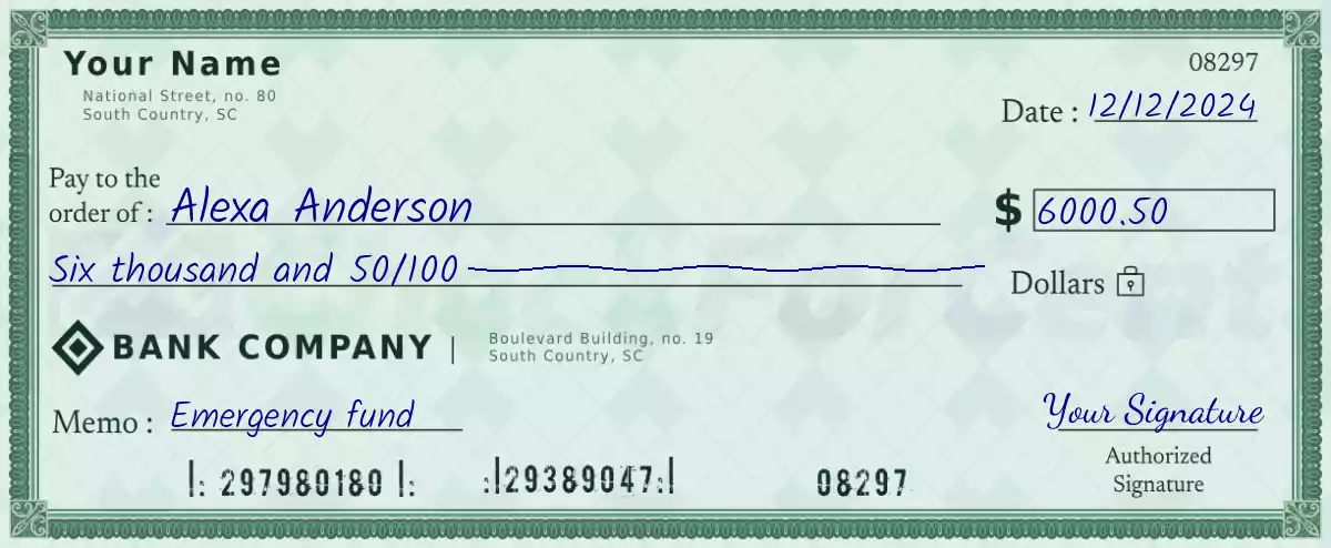 6000 dollar check with cents