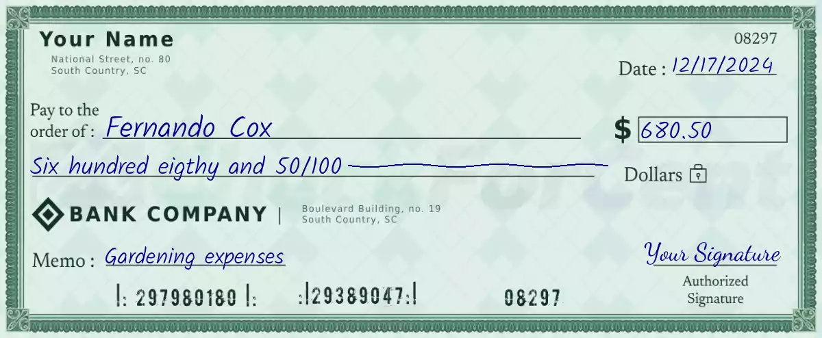 680 dollar check with cents