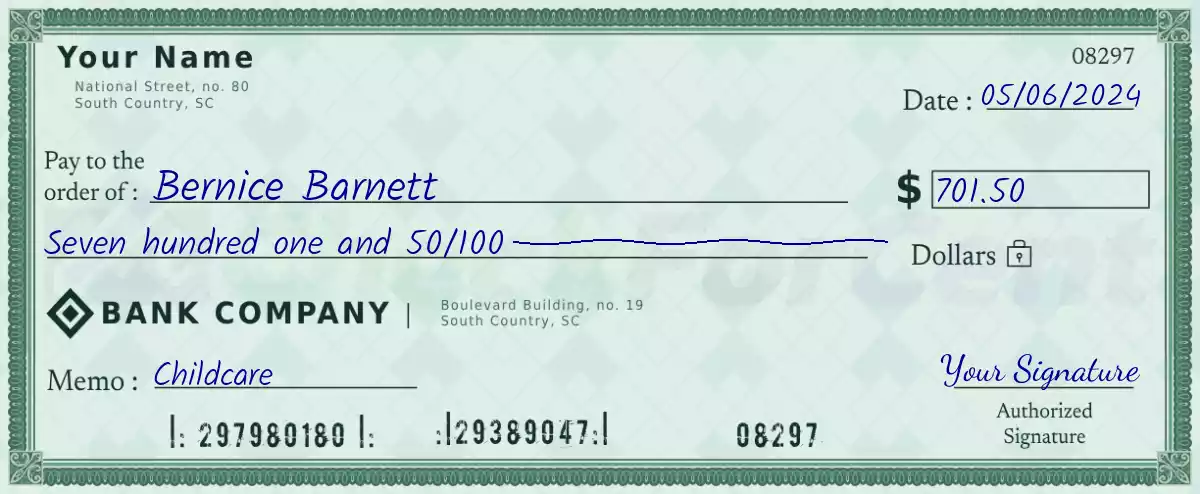701 dollar check with cents