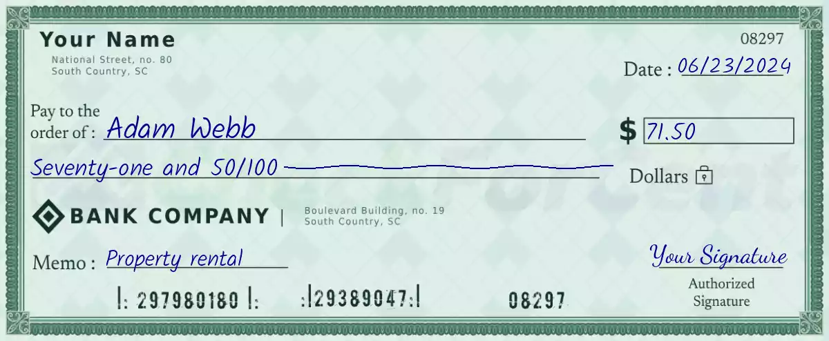 71 dollar check with cents