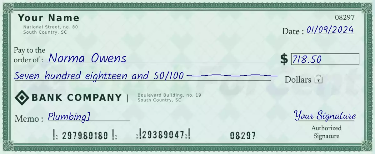 718 dollar check with cents