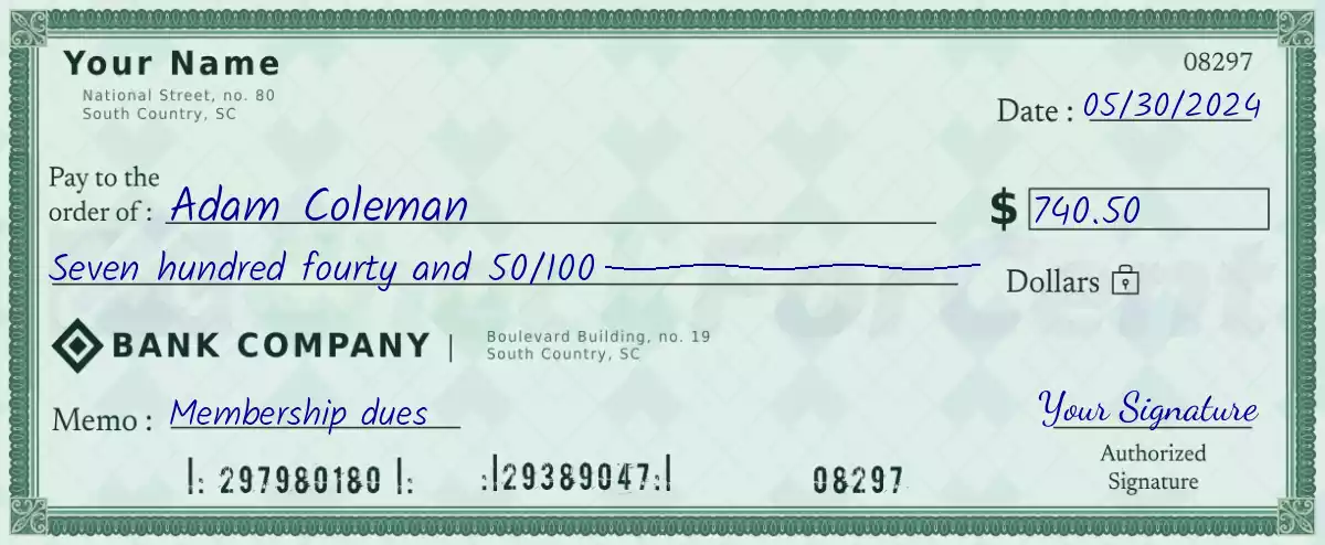740 dollar check with cents