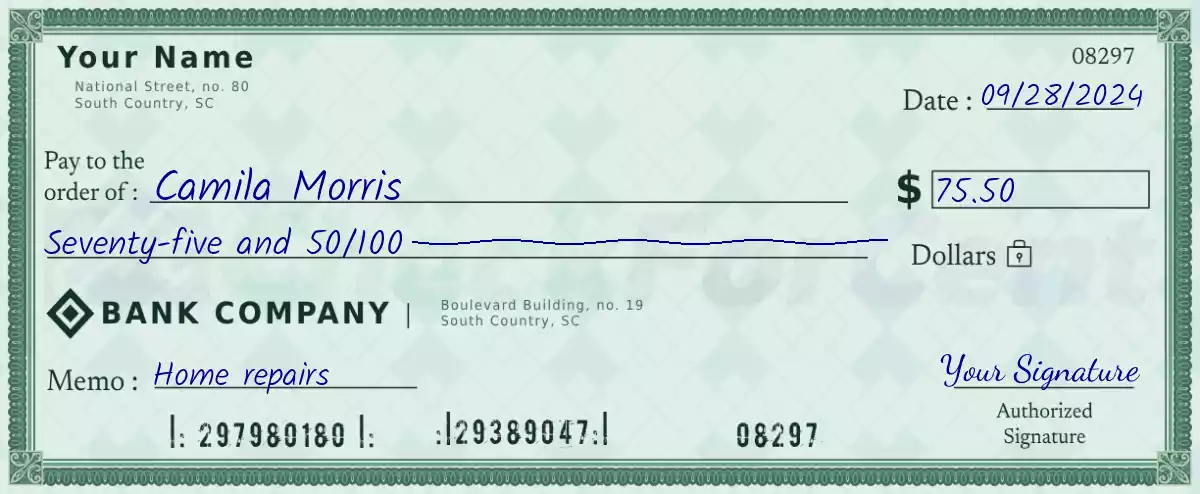 75 dollar check with cents