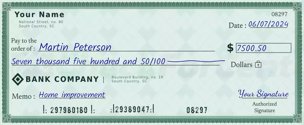7500 dollar check with cents