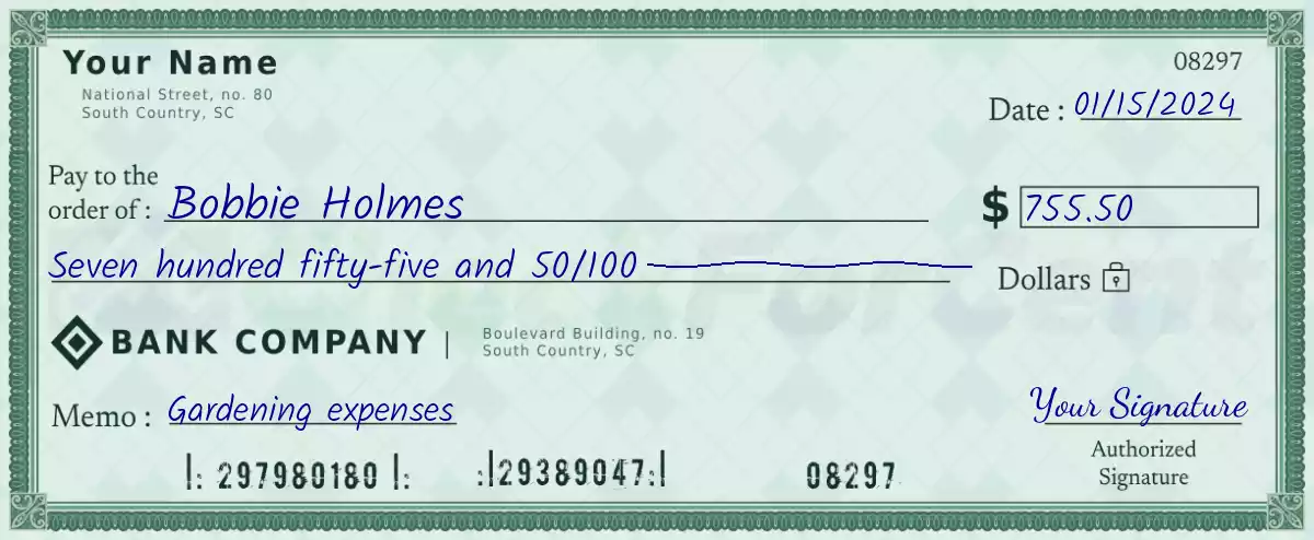 755 dollar check with cents