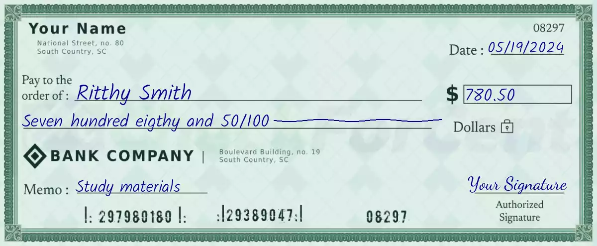 780 dollar check with cents