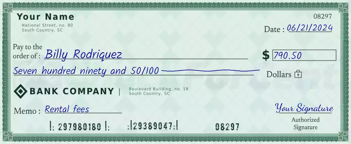 790 dollar check with cents