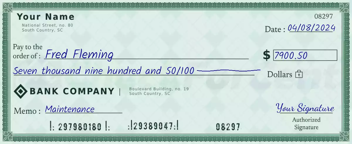 7900 dollar check with cents