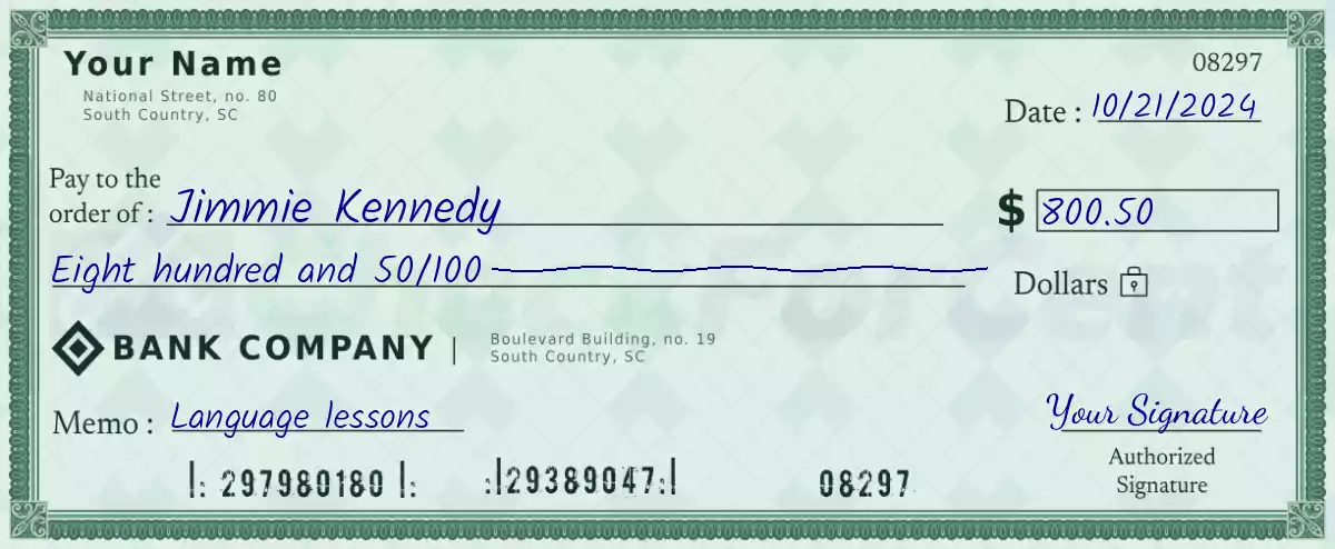 800 dollar check with cents