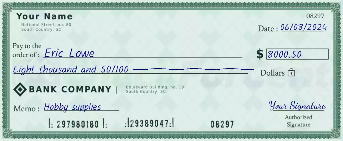 8000 dollar check with cents