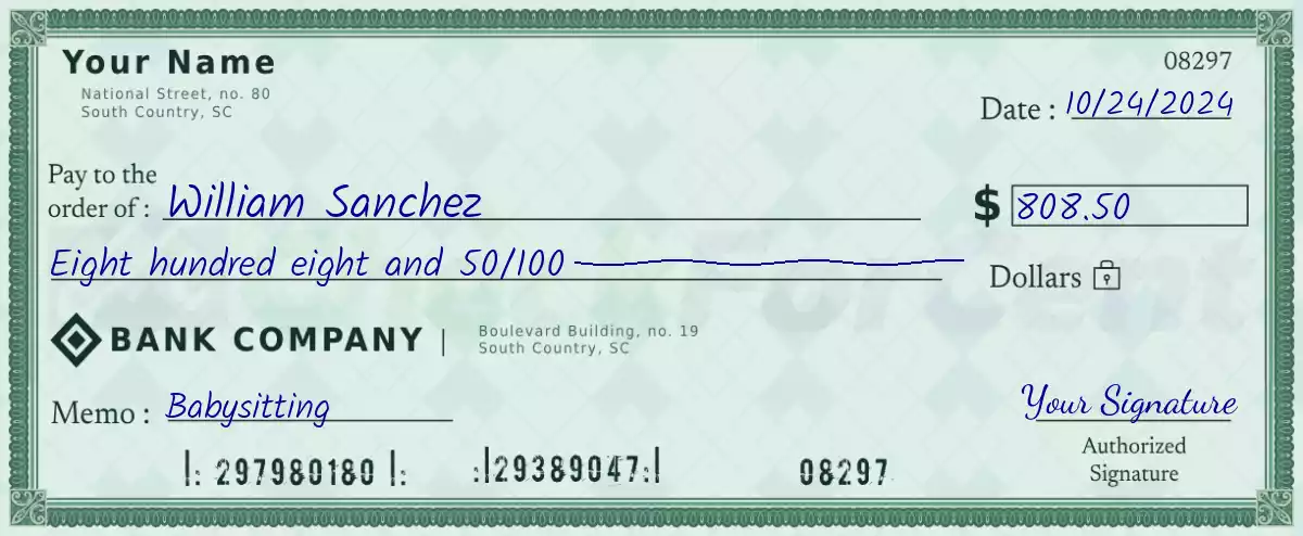 808 dollar check with cents