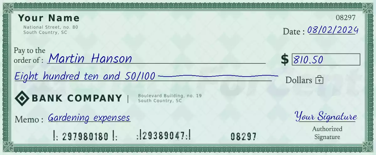 810 dollar check with cents