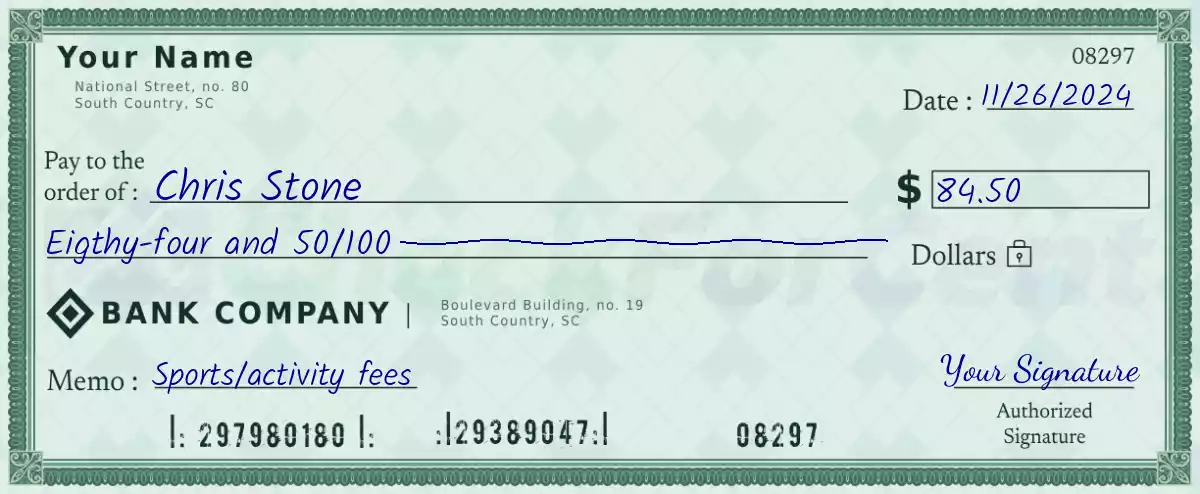 84 dollar check with cents