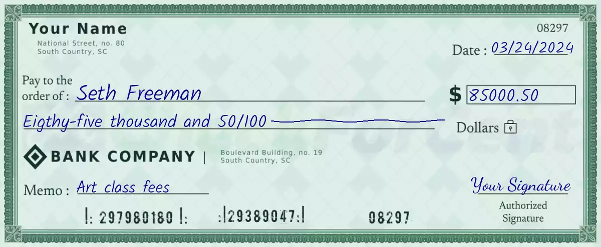 85000 dollar check with cents