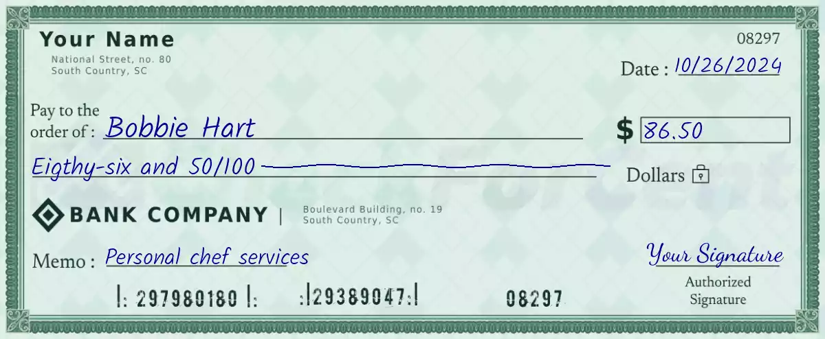 86 dollar check with cents