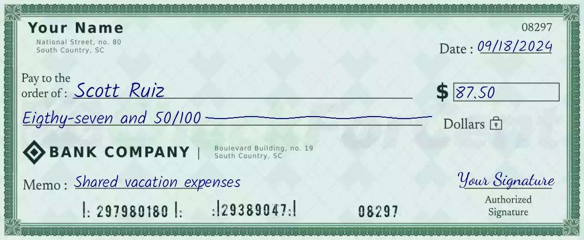 87 dollar check with cents