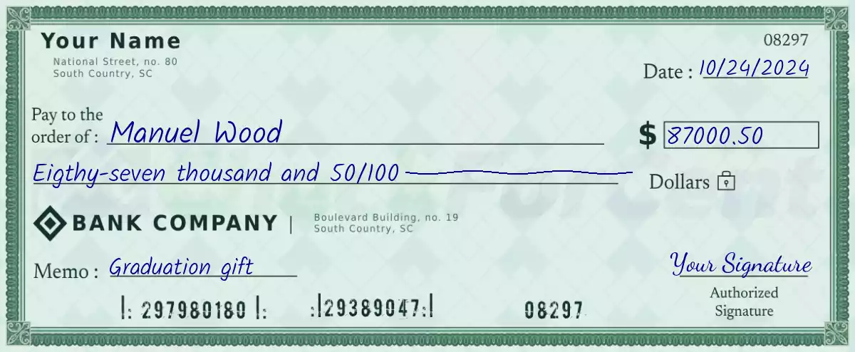 87000 dollar check with cents