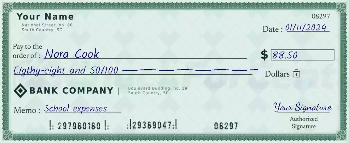 88 dollar check with cents