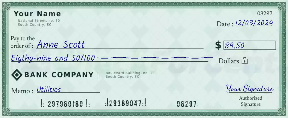 89 dollar check with cents