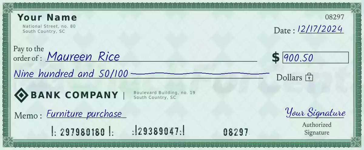 900 dollar check with cents