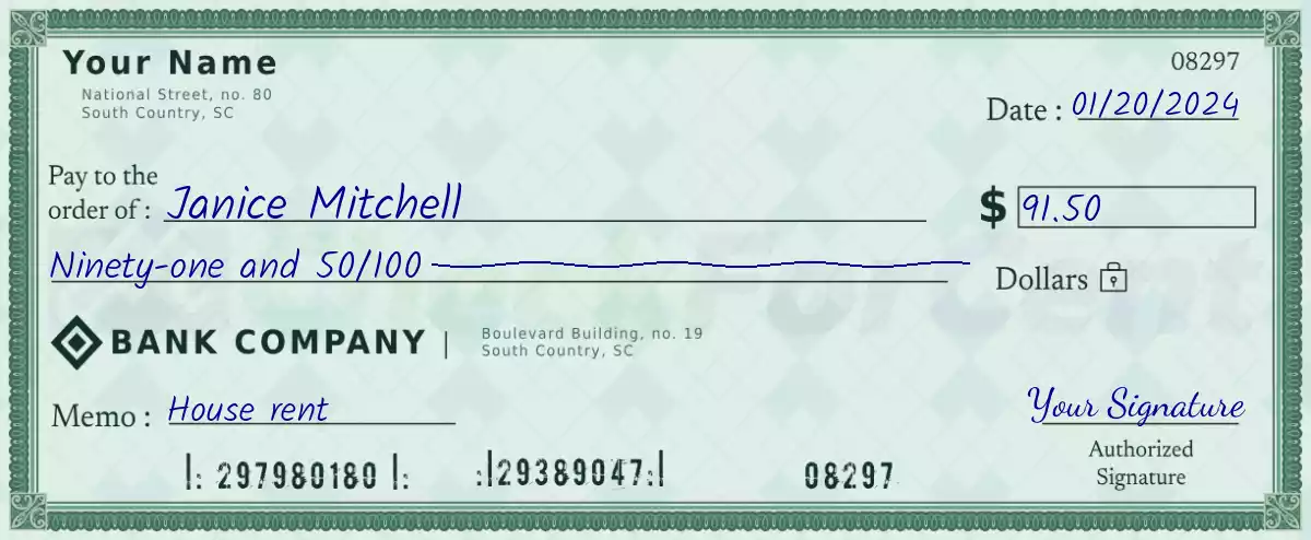 91 dollar check with cents