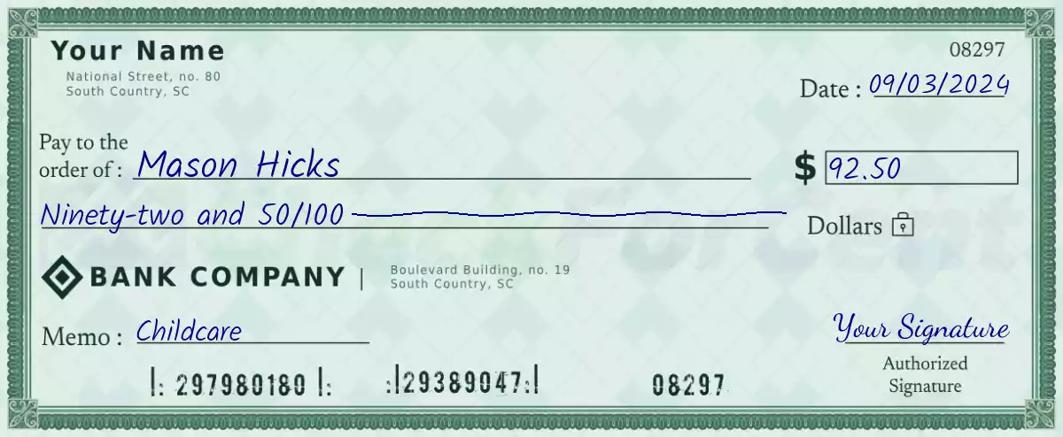 92 dollar check with cents
