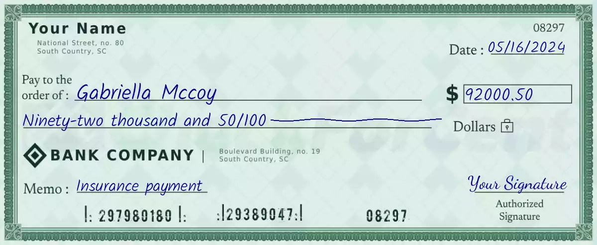92000 dollar check with cents