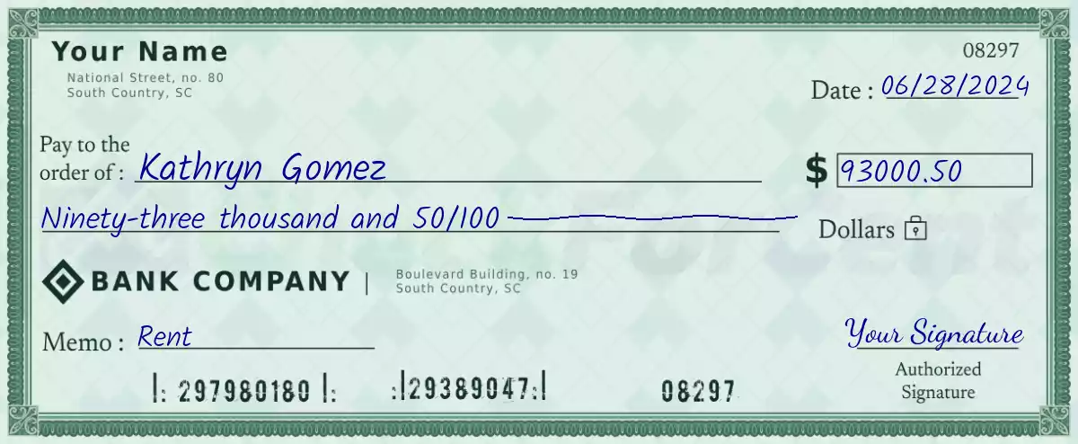 93000 dollar check with cents