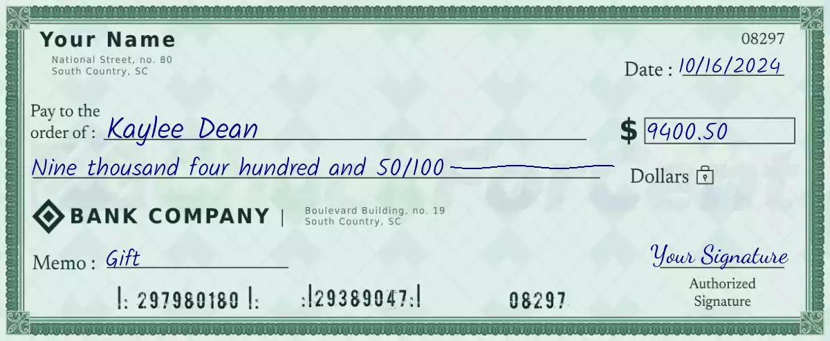 9400 dollar check with cents