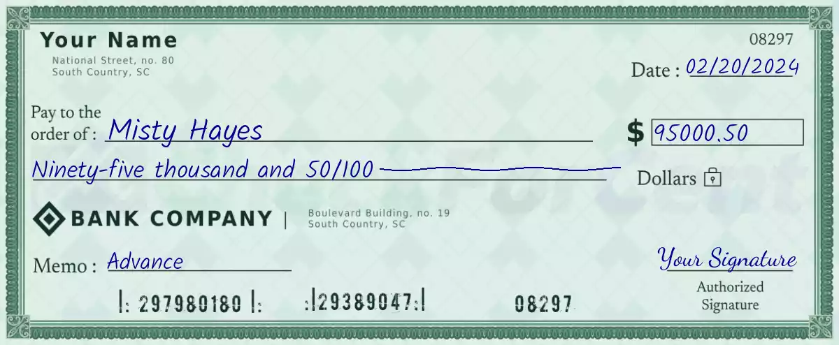95000 dollar check with cents