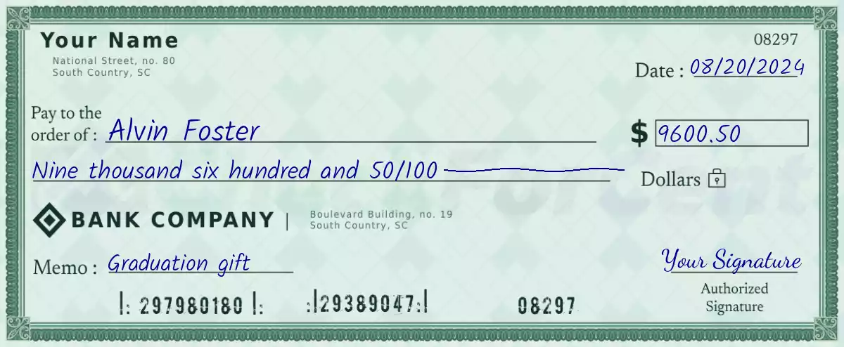 9600 dollar check with cents