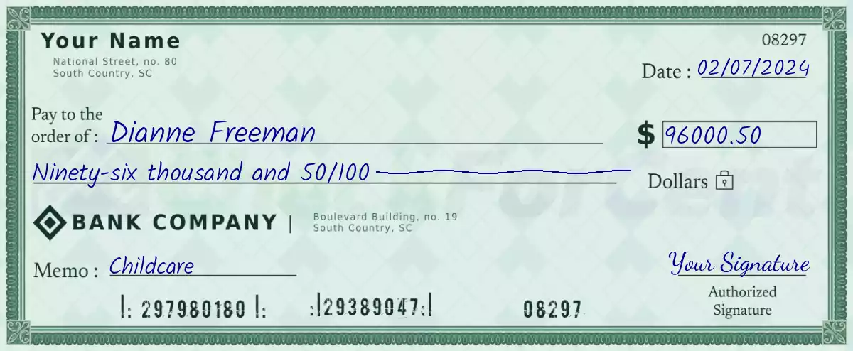 96000 dollar check with cents