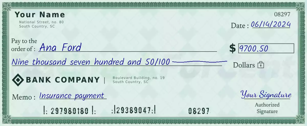 9700 dollar check with cents