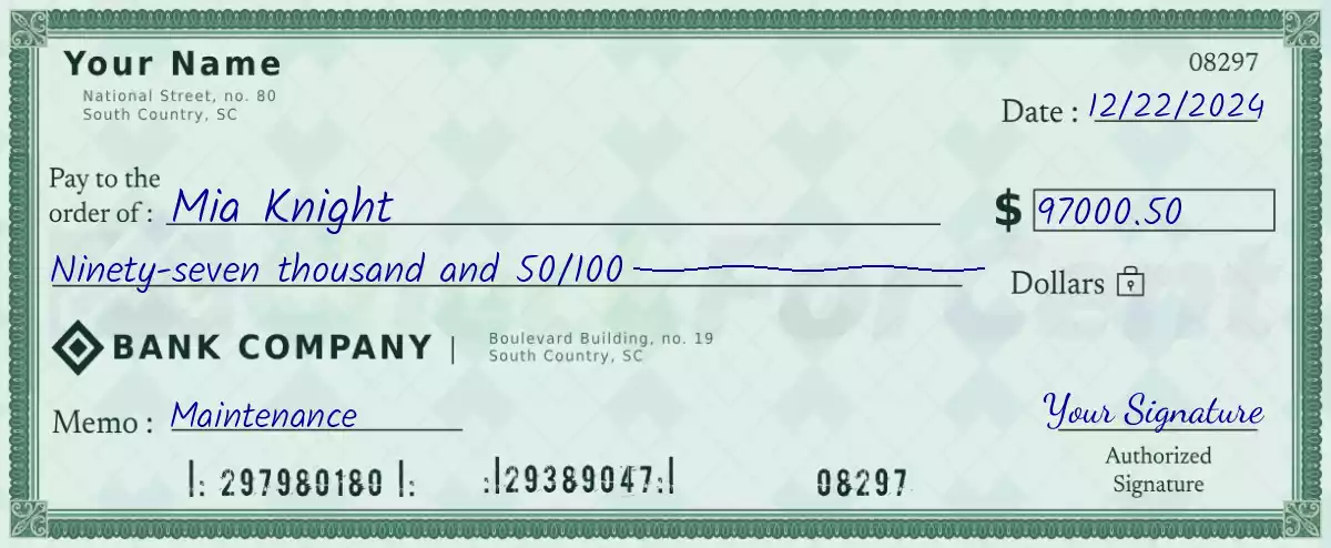 97000 dollar check with cents