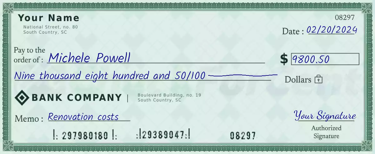 9800 dollar check with cents