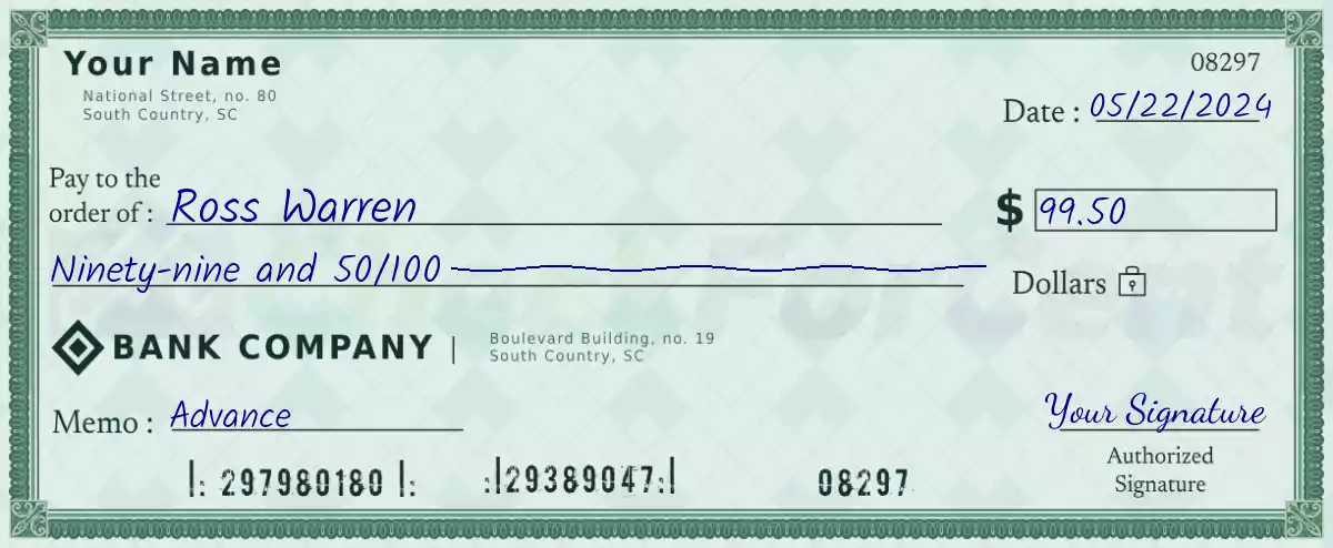 99 dollar check with cents
