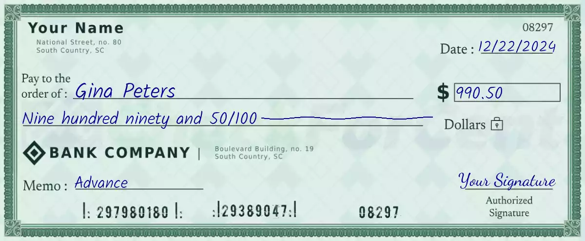 990 dollar check with cents
