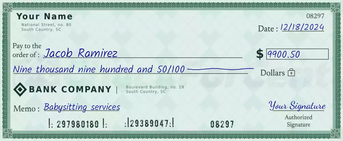9900 dollar check with cents
