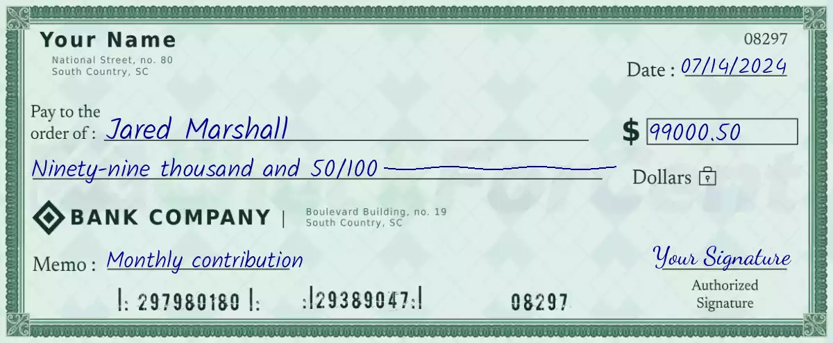 99000 dollar check with cents