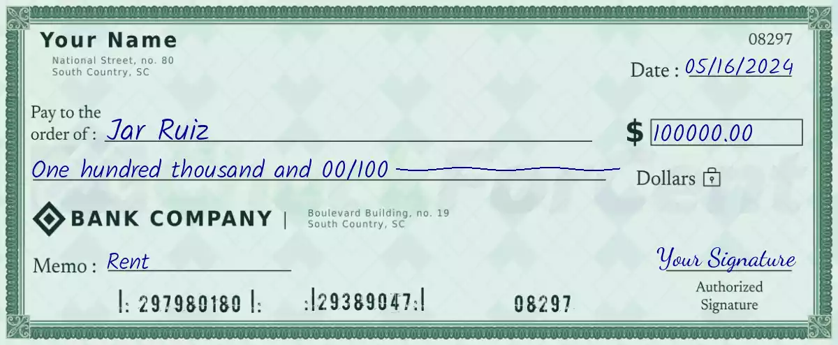 Example of a 100000 dollar check