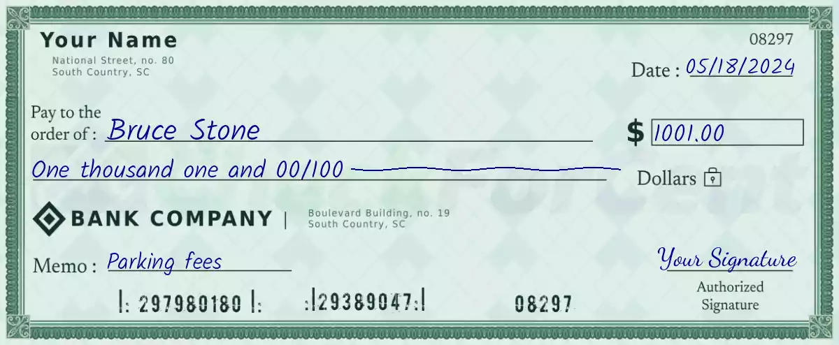 Example of a 1001 dollar check