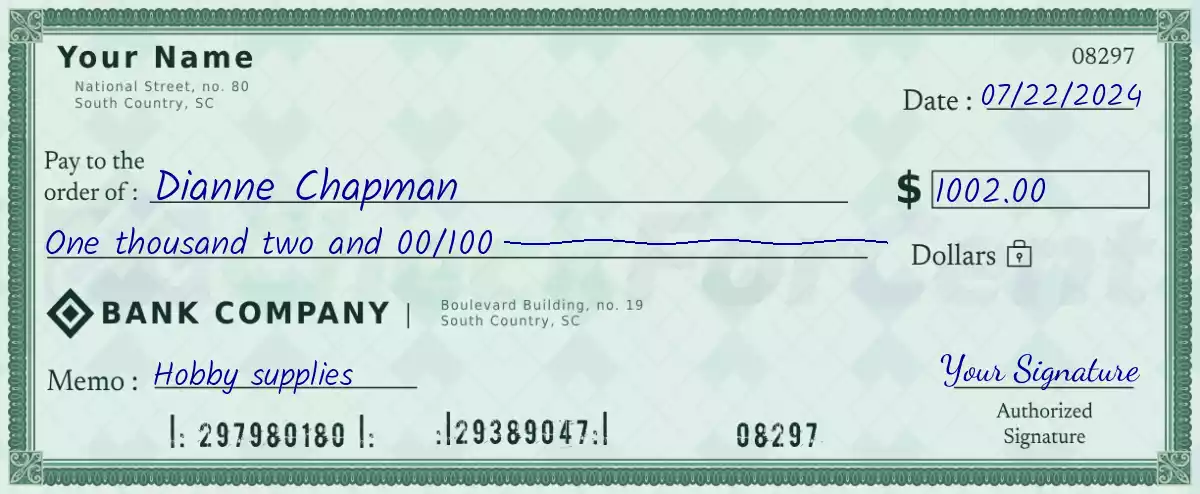 Example of a 1002 dollar check