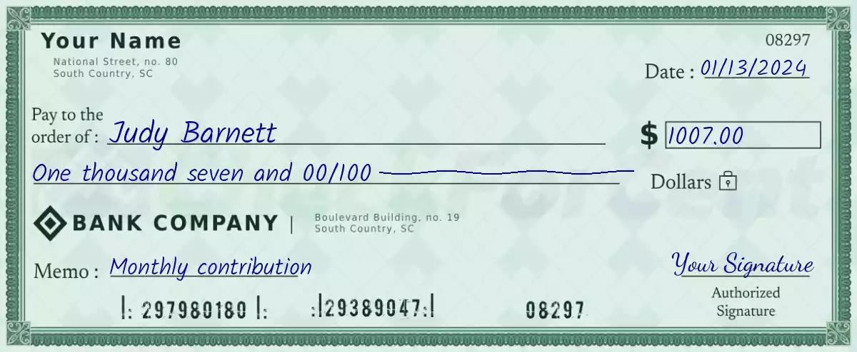 Example of a 1007 dollar check