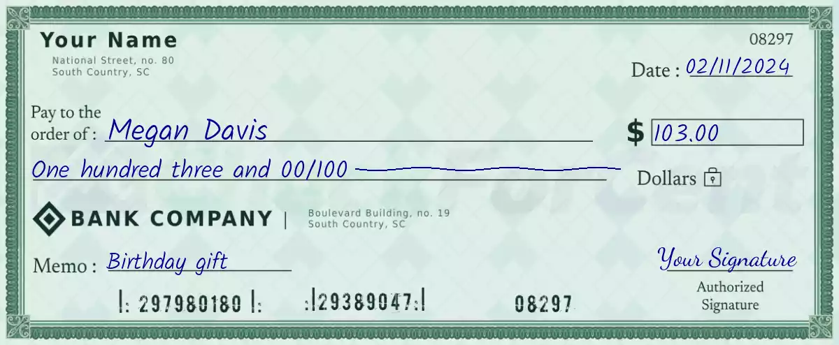 Example of a 103 dollar check
