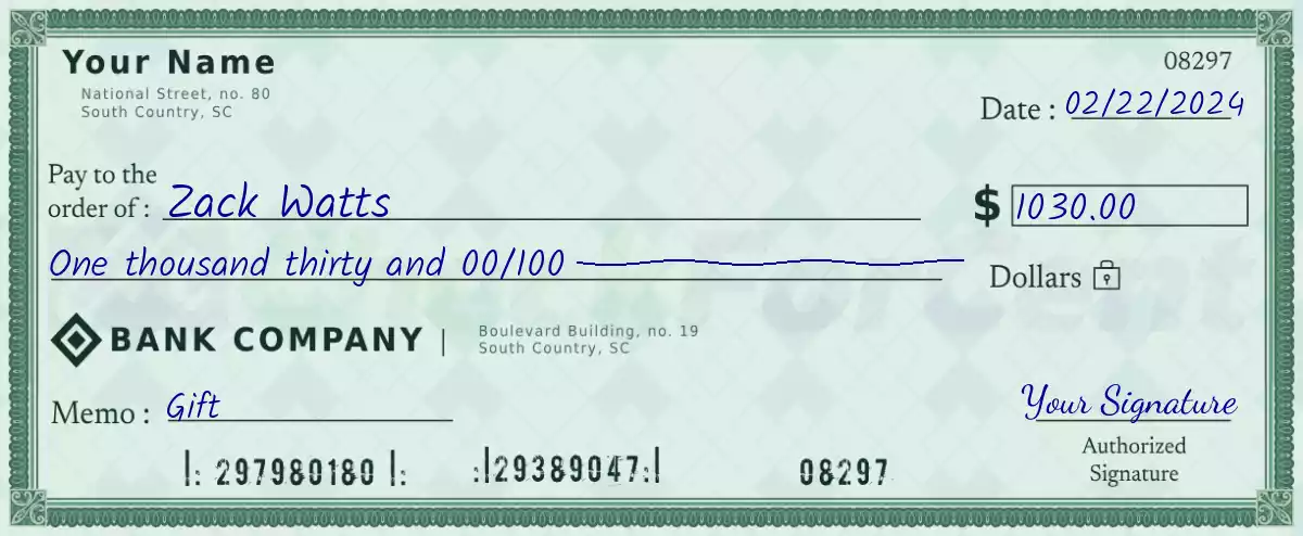 Example of a 1030 dollar check