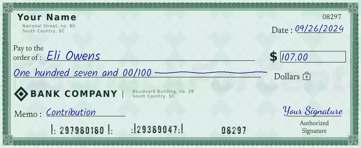 Example of a 107 dollar check
