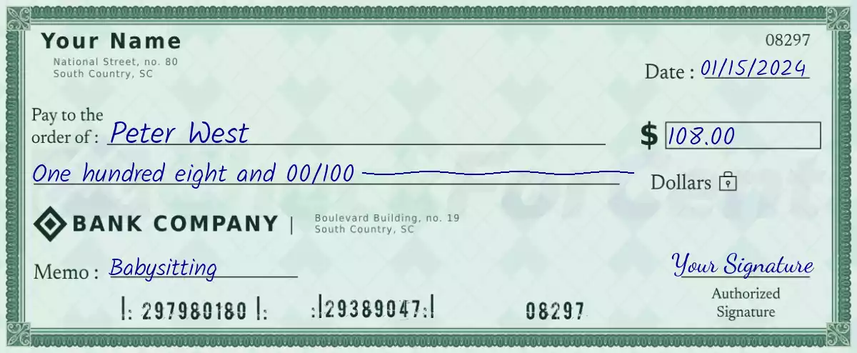Example of a 108 dollar check