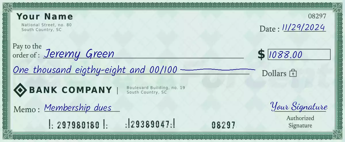 Example of a 1088 dollar check
