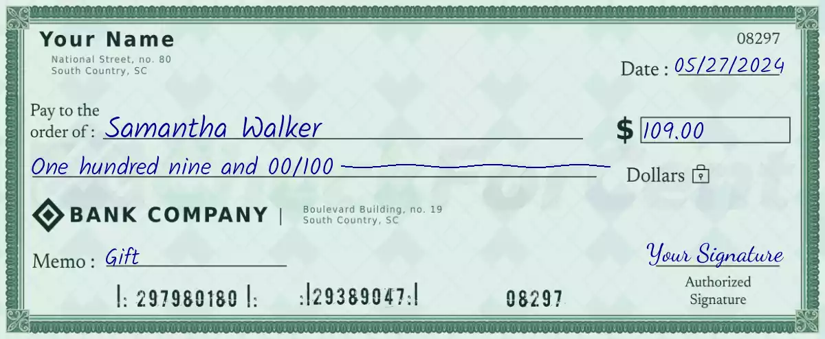 Example of a 109 dollar check