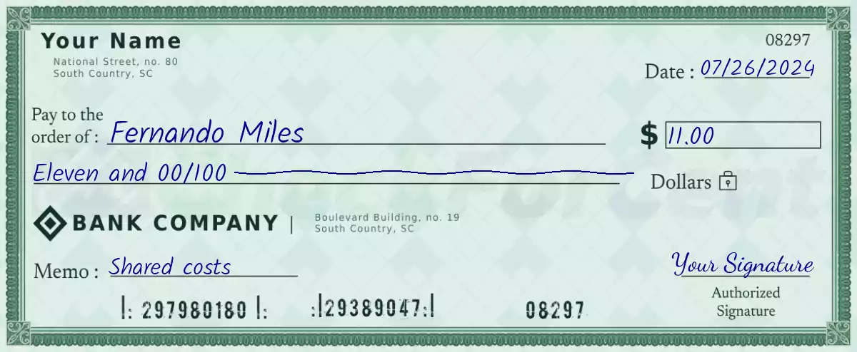 Example of a 11 dollar check